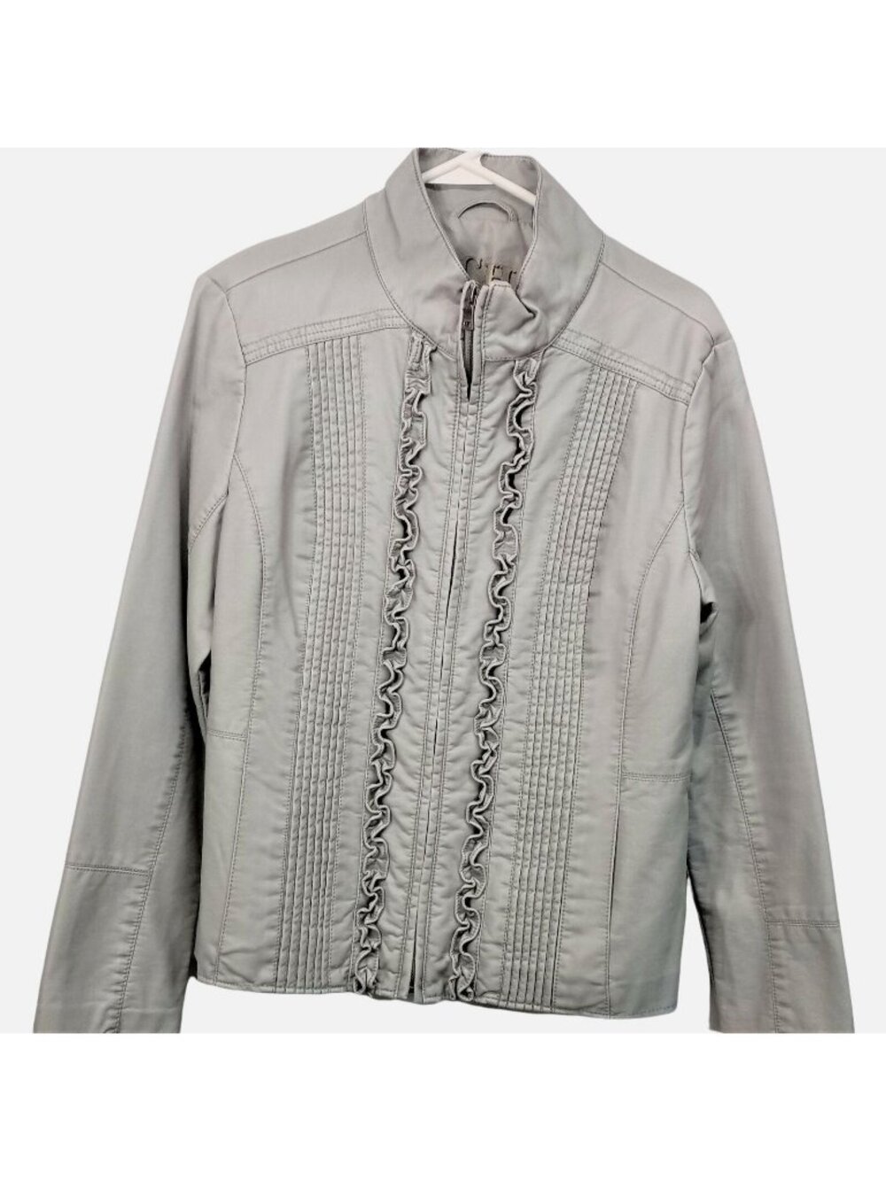 Big Chill Gray Ruffle Front Size Large Jacket Faux Vegan Leather